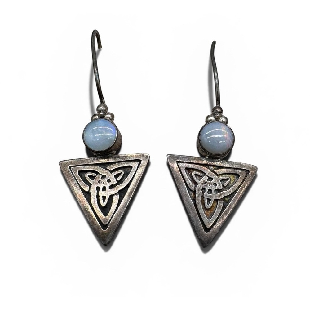 Sterling Silver Triangle Celtic Knot Opal Drop Earrings Moonstone‎ Style